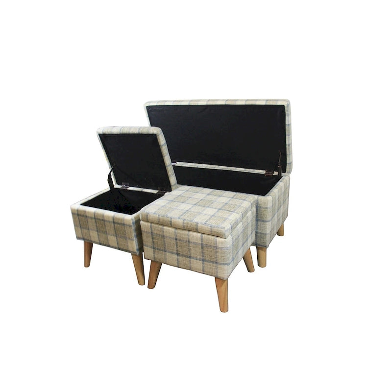 Banc de rangement et pouf à carreaux taupe et bleu, ensemble de trois pièces