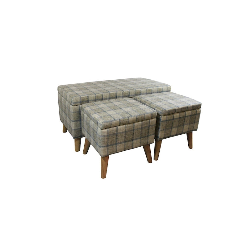 Banc de rangement et pouf à carreaux taupe et bleu, ensemble de trois pièces