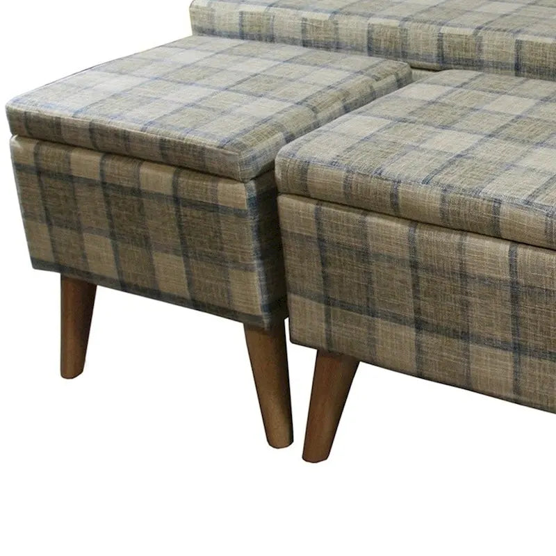 Banc de rangement et pouf à carreaux taupe et bleu, ensemble de trois pièces