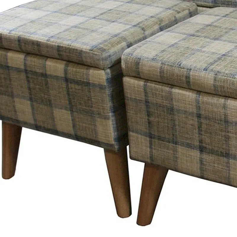 Banc de rangement et pouf à carreaux taupe et bleu, ensemble de trois pièces