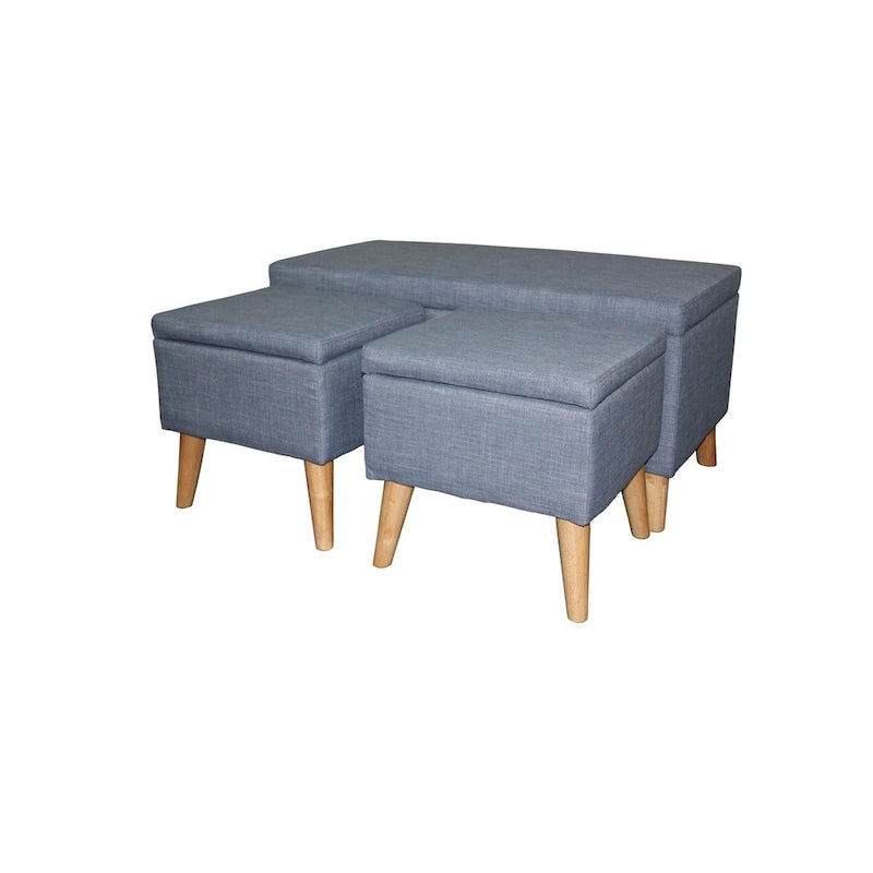 Banc de rangement et pouf à carreaux taupe et bleu, ensemble de trois pièces