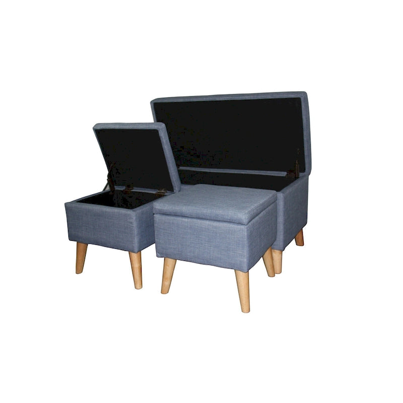 Banc de rangement et pouf à carreaux taupe et bleu, ensemble de trois pièces