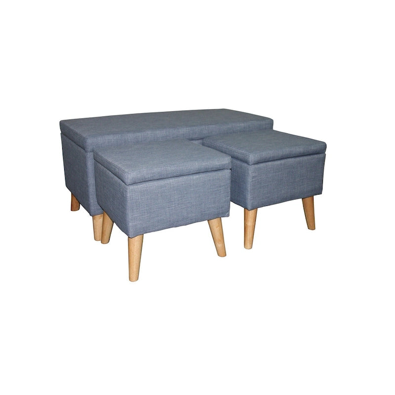 Banc de rangement et pouf à carreaux taupe et bleu, ensemble de trois pièces
