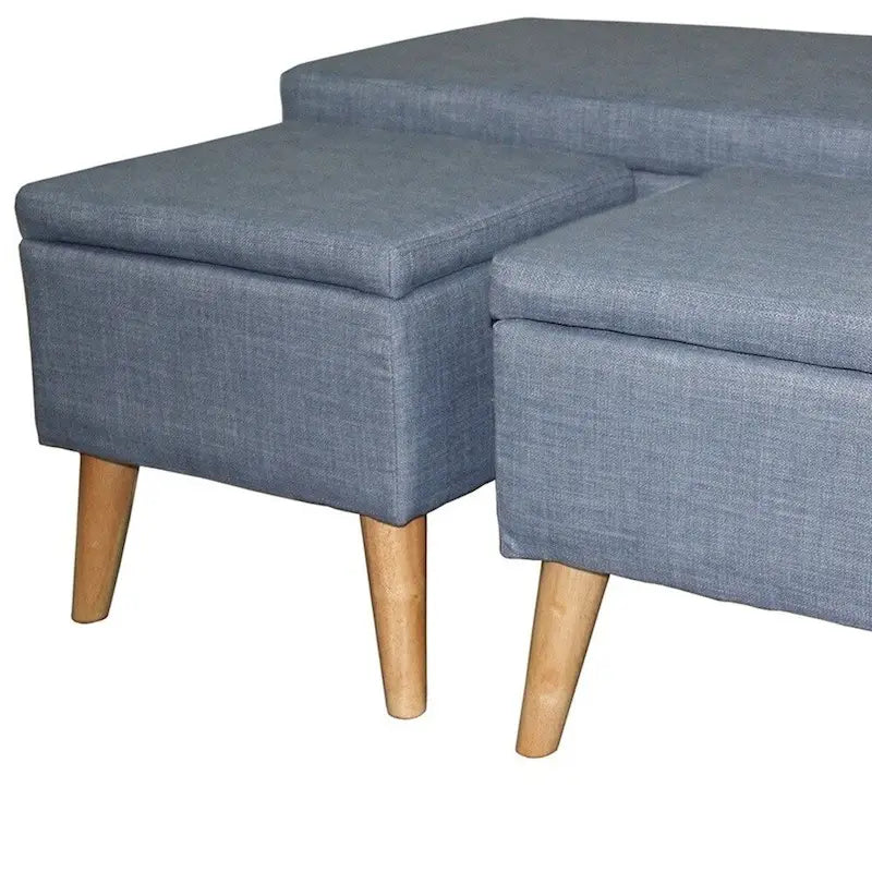 Banc de rangement et pouf à carreaux taupe et bleu, ensemble de trois pièces
