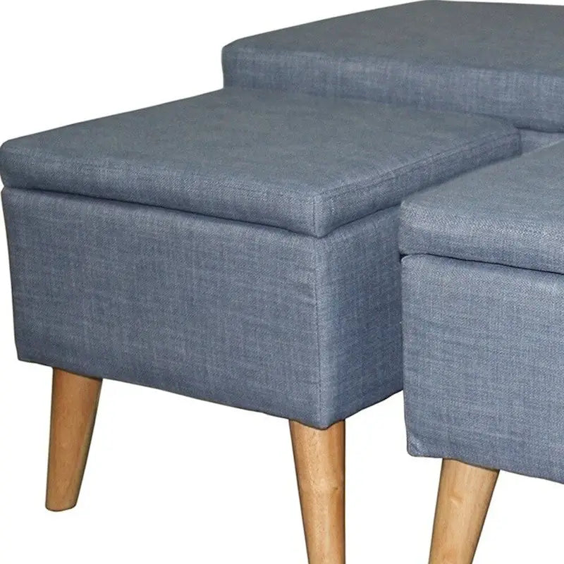 Banc de rangement et pouf à carreaux taupe et bleu, ensemble de trois pièces