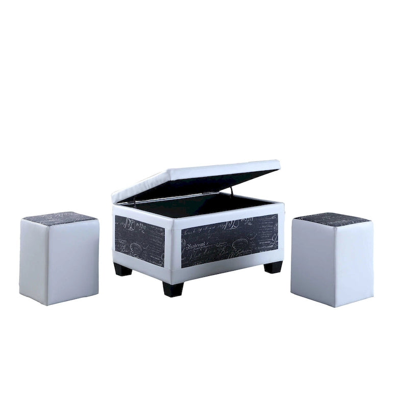Banc de rangement et pouf à carreaux taupe et bleu, ensemble de trois pièces