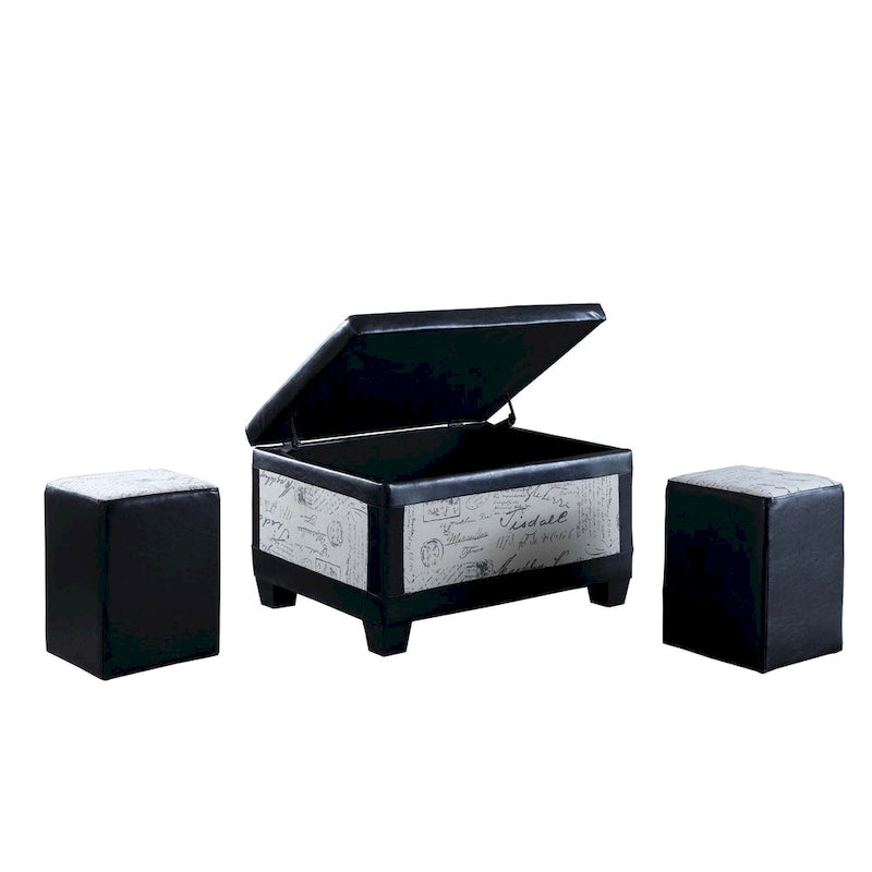 Banc de rangement et pouf à carreaux taupe et bleu, ensemble de trois pièces