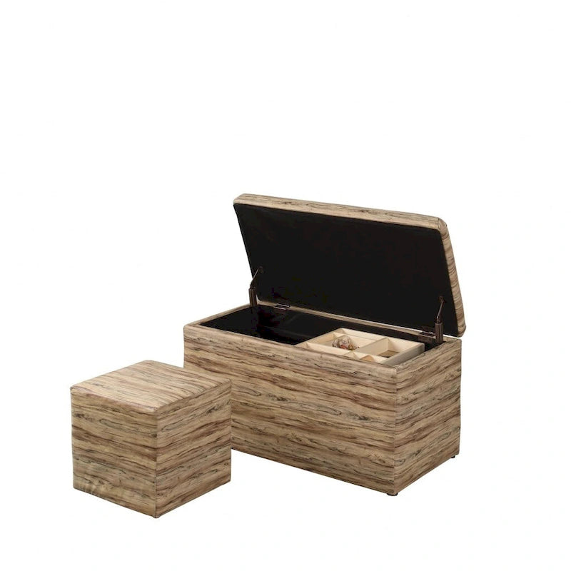 Banc de rangement et pouf à carreaux taupe et bleu, ensemble de trois pièces