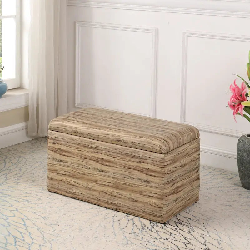 Banc de rangement et pouf à carreaux taupe et bleu, ensemble de trois pièces