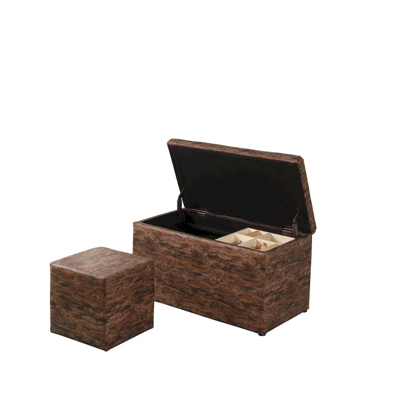 Banc de rangement et pouf à carreaux taupe et bleu, ensemble de trois pièces