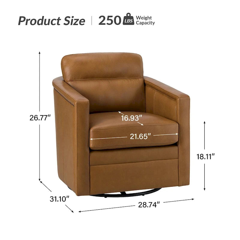 Fauteuil pivotant Jorge en cuir véritable, largeur 28,74 po, avec accoudoirs
