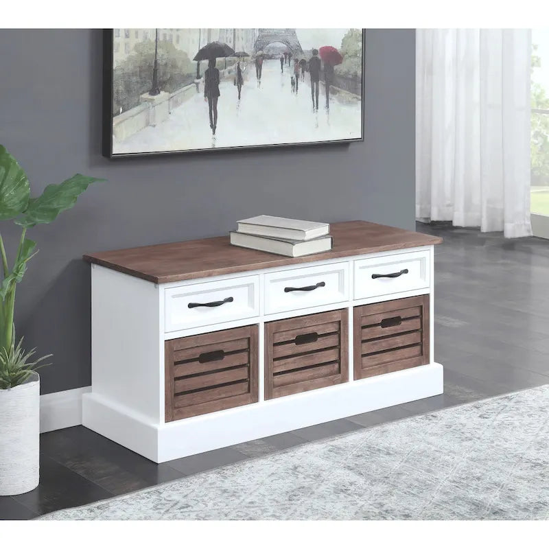 Banc de rangement bicolore marron et blanc avec tiroirs et paniers en bois