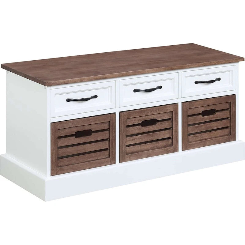Banc de rangement bicolore marron et blanc avec tiroirs et paniers en bois