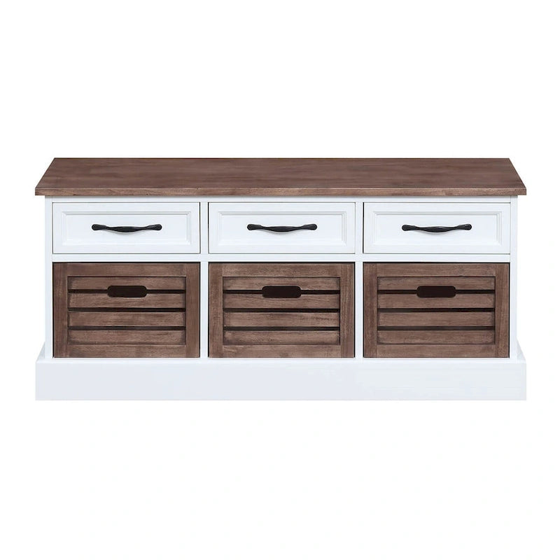 Banc de rangement bicolore marron et blanc avec tiroirs et paniers en bois
