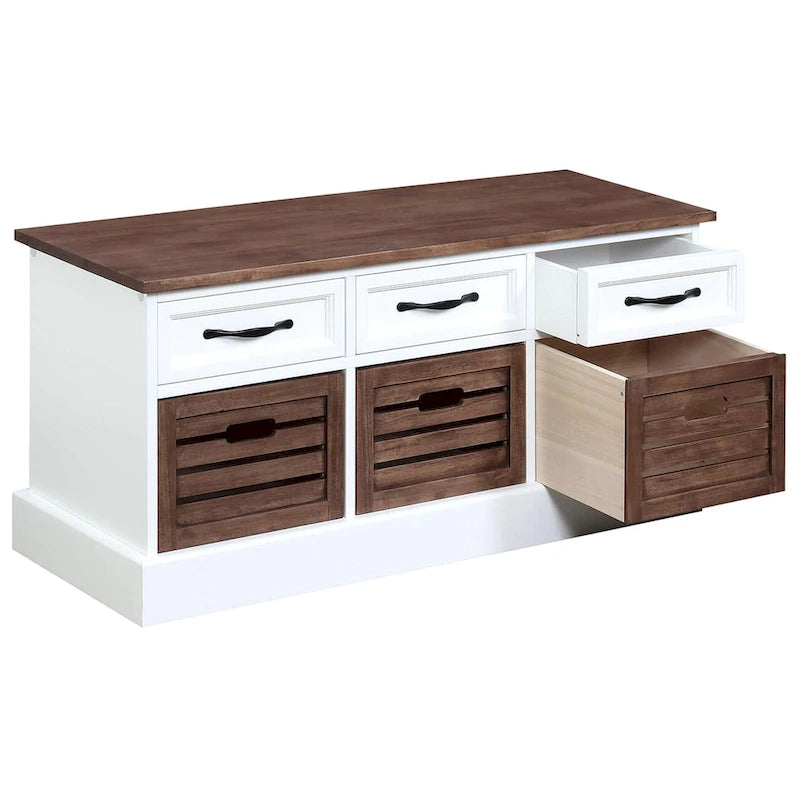 Banc de rangement bicolore marron et blanc avec tiroirs et paniers en bois