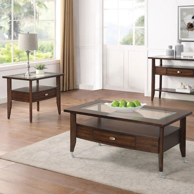 Table basse 2 pièces en verre et noyer traditionnel avec tiroir