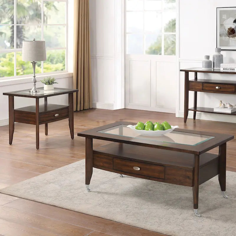 Genoas Traditional Walnut Glass 2-Piece Coffee Table  with Drawer by 