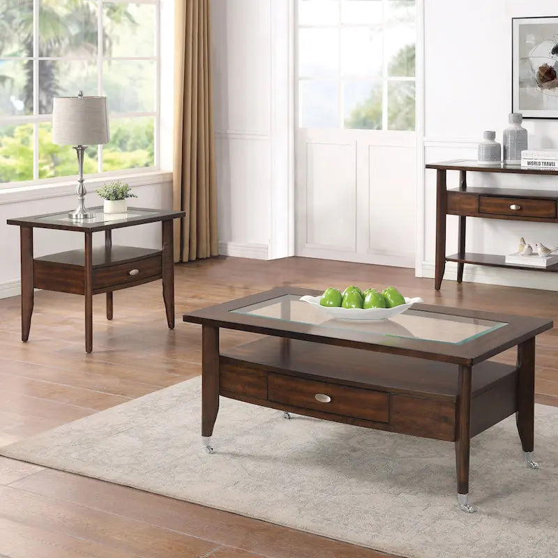 Table basse 2 pièces en verre et noyer traditionnel avec tiroir