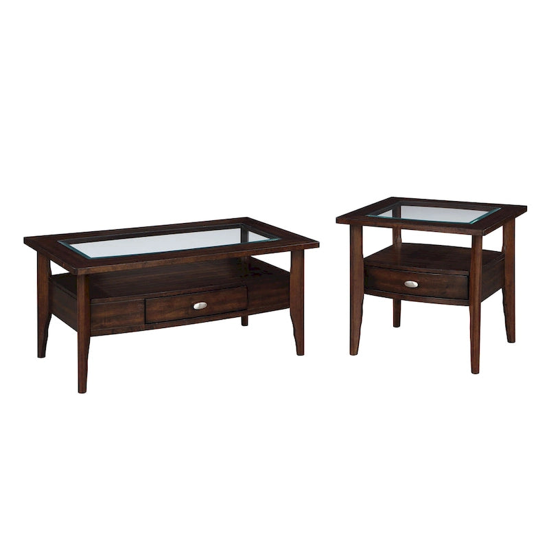 Table basse 2 pièces en verre et noyer traditionnel avec tiroir