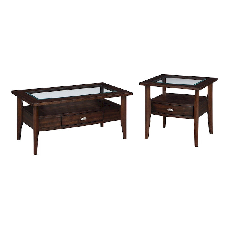 Table basse 2 pièces en verre et noyer traditionnel avec tiroir