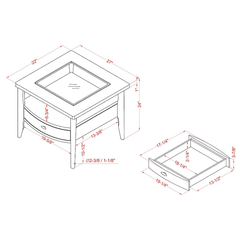 Table basse 2 pièces en verre et noyer traditionnel avec tiroir