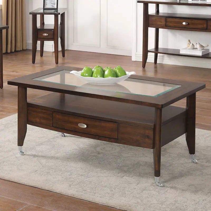 Table basse 2 pièces en verre et noyer traditionnel avec tiroir