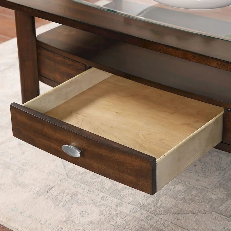 Table basse 2 pièces en verre et noyer traditionnel avec tiroir