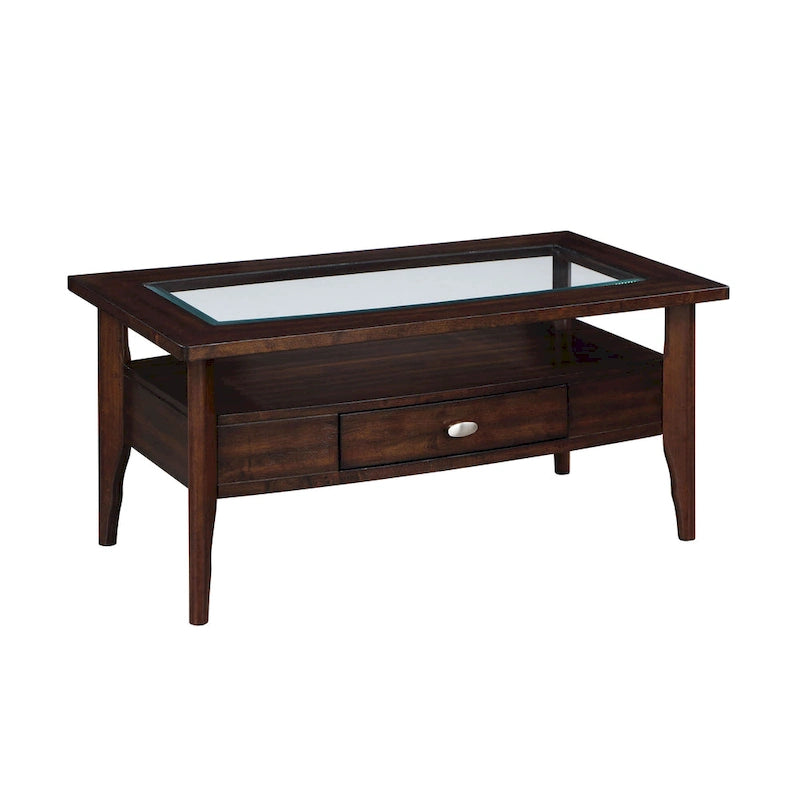 Table basse 2 pièces en verre et noyer traditionnel avec tiroir