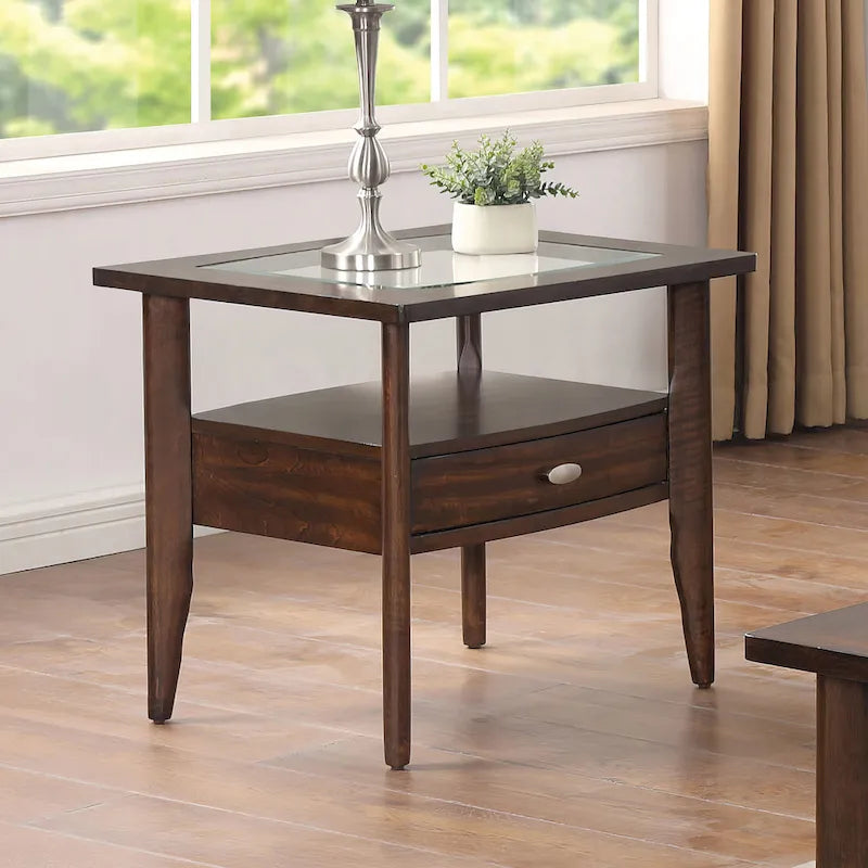 Table basse 2 pièces en verre et noyer traditionnel avec tiroir