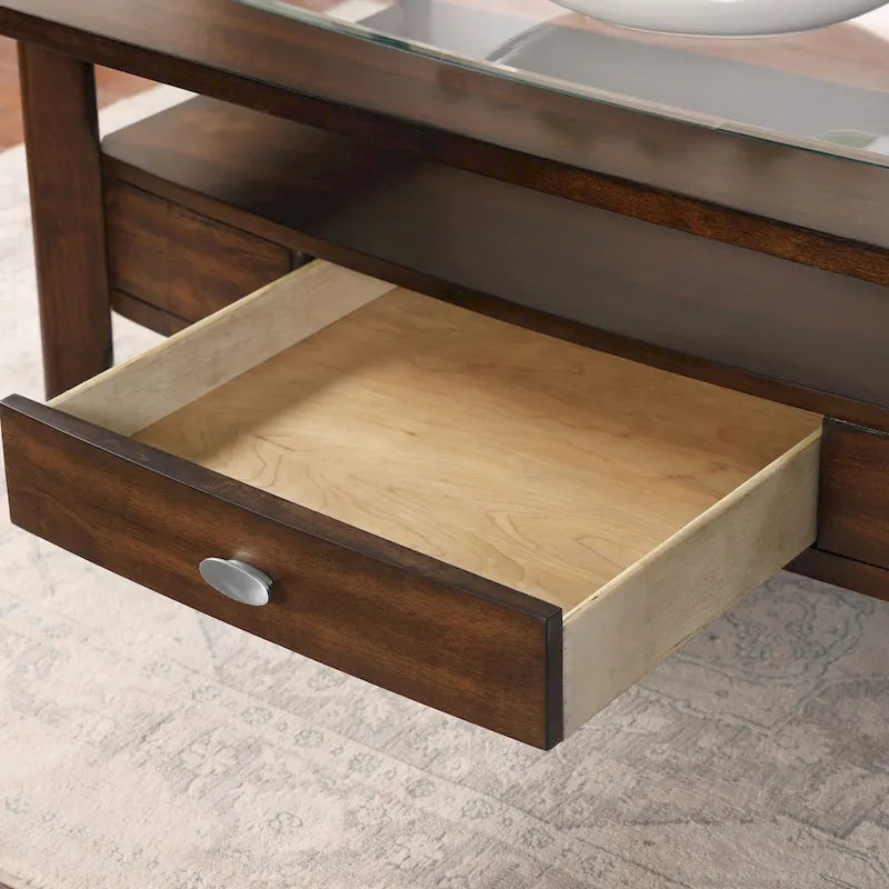 Table basse 2 pièces en verre et noyer traditionnel avec tiroir