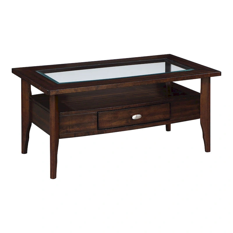 Table basse 2 pièces en verre et noyer traditionnel avec tiroir