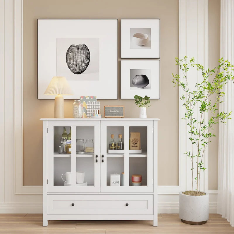 Bahut de rangement avec portes vitrées et poignée cloche unique