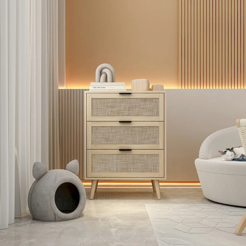 Commode à 3 tiroirs en rotin pour chambre ou salon