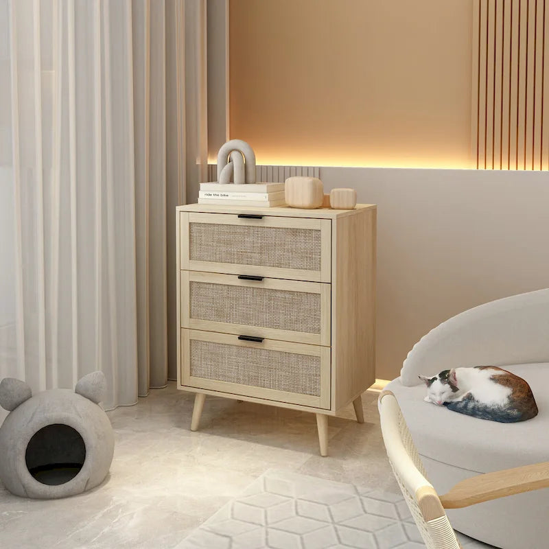 Commode à 3 tiroirs en rotin pour chambre ou salon