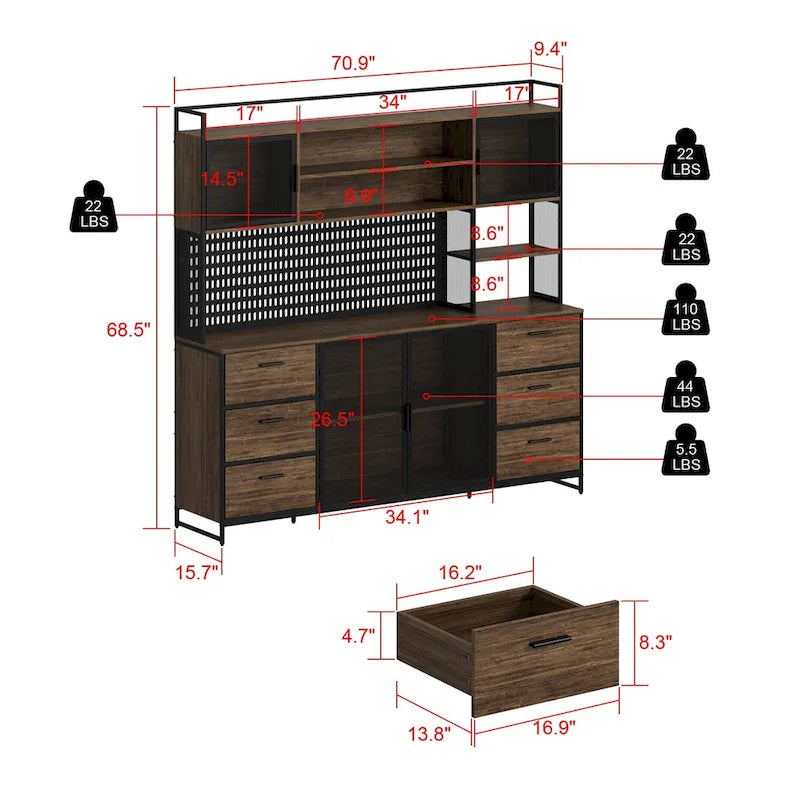 Meuble de Rangement de Cuisine avec Placard et Support à Micro-ondes 70.9W