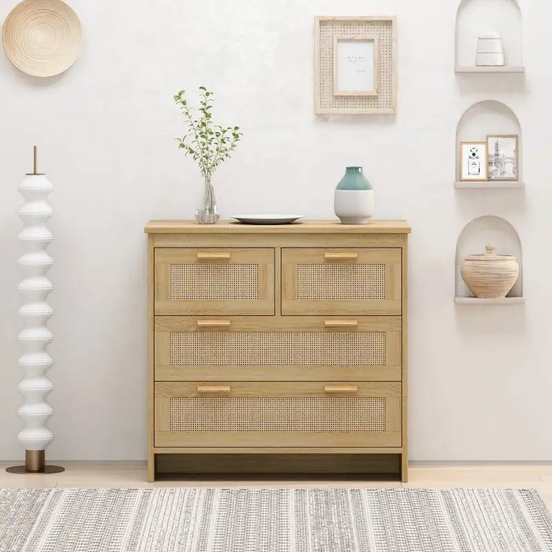 Meuble à 4 tiroirs en bois et rotin