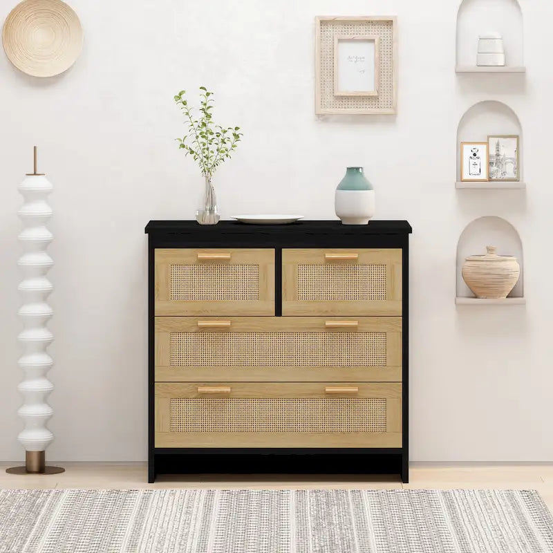 Meuble à 4 tiroirs en bois et rotin