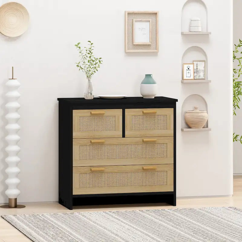 Meuble à 4 tiroirs en bois et rotin
