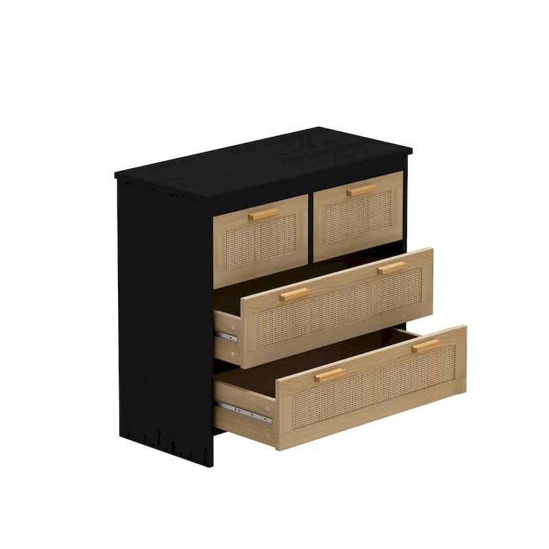 Meuble à 4 tiroirs en bois et rotin