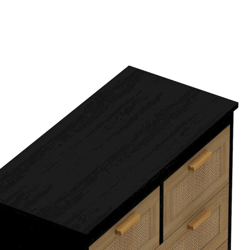 Meuble à 4 tiroirs en bois et rotin