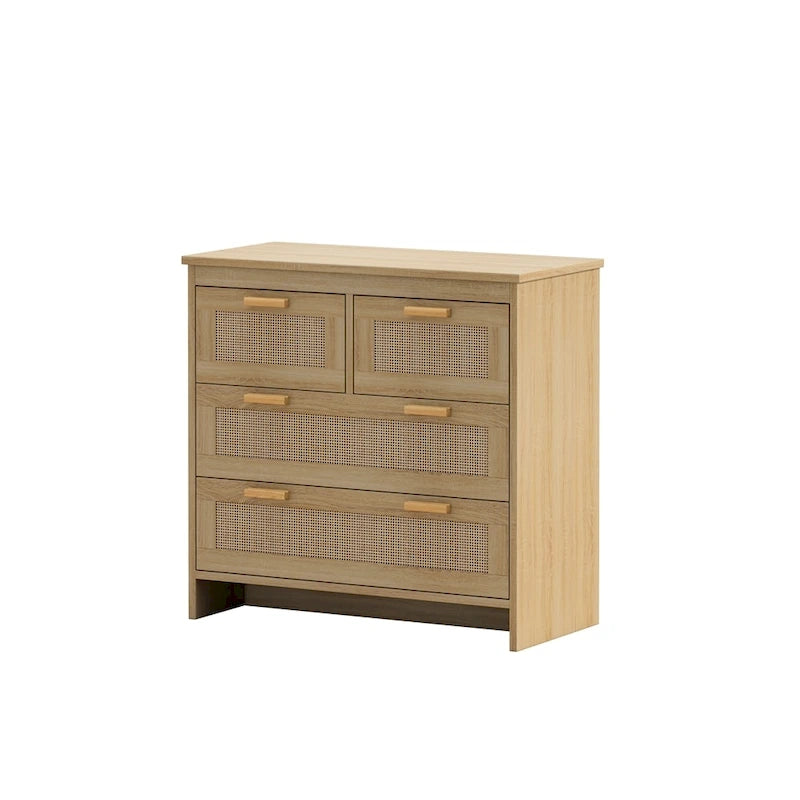 Meuble à 4 tiroirs en bois et rotin