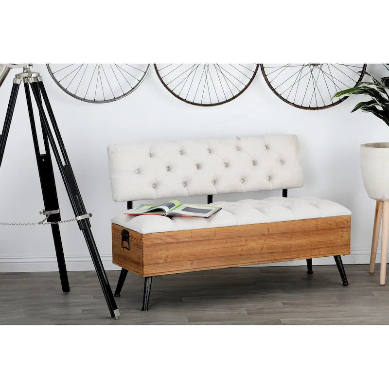 Banc de rangement en bois avec assise et dossier touffetés crème - Blanc - Décor Roche River - 20Lx48Px30H