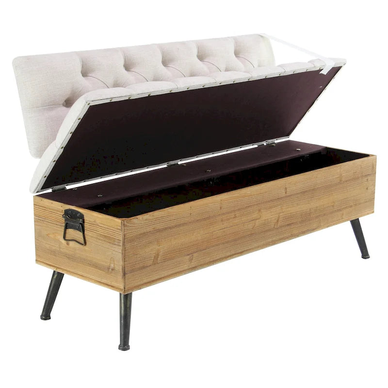 Banc de rangement en bois avec assise et dossier touffetés crème - Blanc - Décor Roche River - 20Lx48Px30H