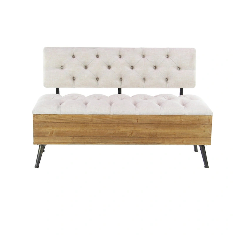 Banc de rangement en bois avec assise et dossier touffetés crème - Blanc - Décor Roche River - 20Lx48Px30H