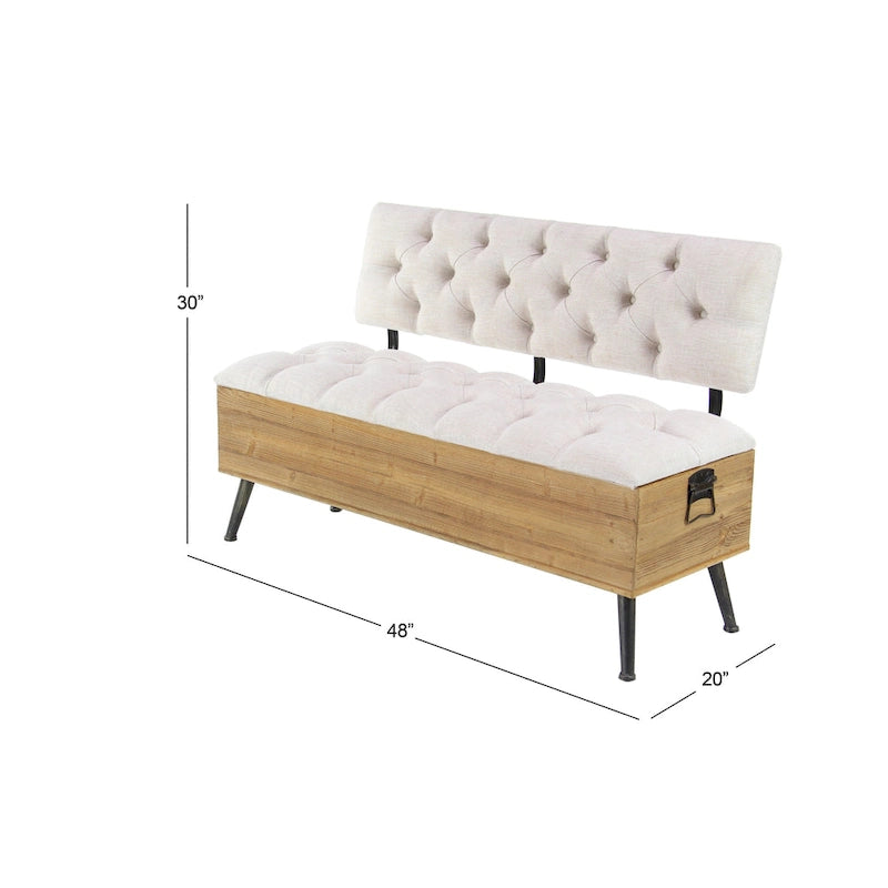 Banc de rangement en bois avec assise et dossier touffetés crème - Blanc - Décor Roche River - 20Lx48Px30H
