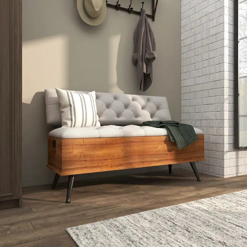 Banc de rangement en bois avec assise et dossier touffetés crème - Blanc - Décor Roche River - 20Lx48Px30H