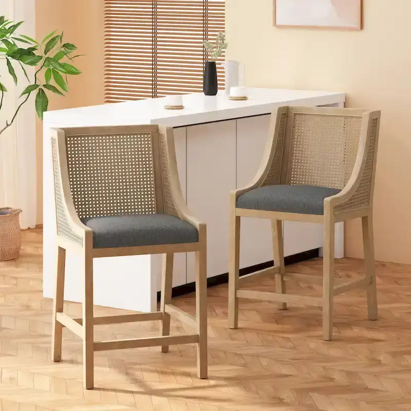 Tabourets de comptoir de 64,75 cm en bois, cannage et tissu
