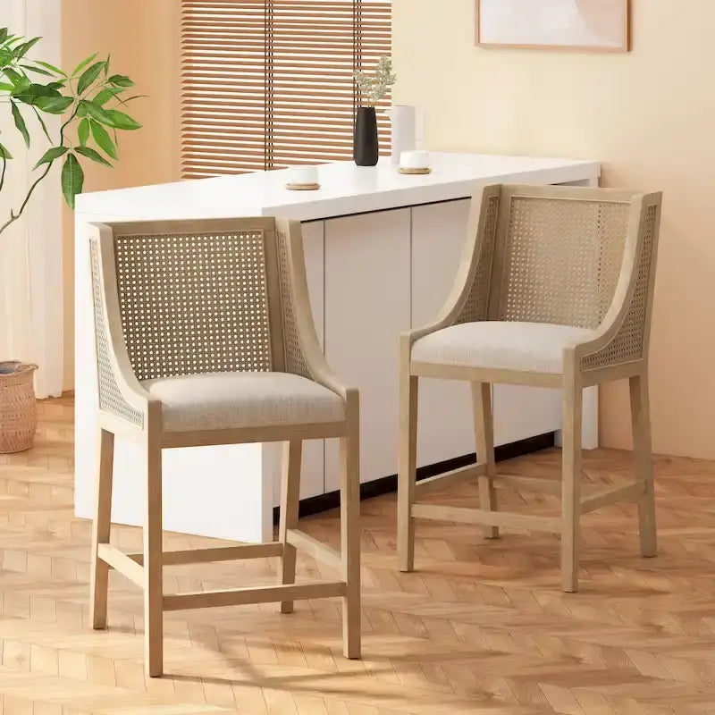 Tabourets de comptoir de 64,75 cm en bois, cannage et tissu