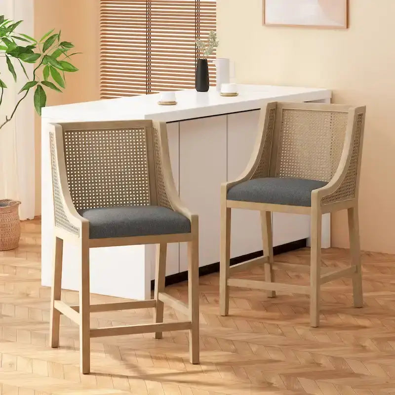 Tabourets de comptoir de 64,75 cm en bois, cannage et tissu
