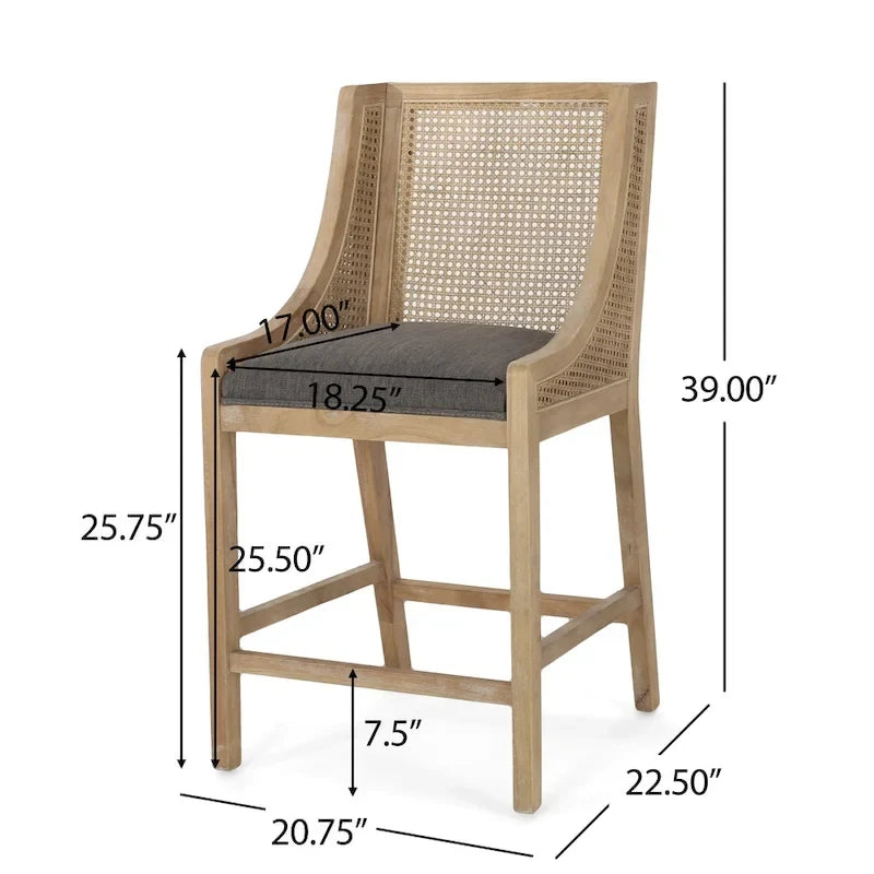 Tabourets de comptoir de 64,75 cm en bois, cannage et tissu
